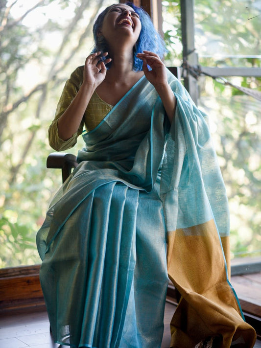 Ocean Blue With Golden Pallu Handwoven Pure Tissue Pure Linen Sarees