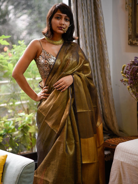 Olive Green  With Golden Pallu Handwoven Pure Tissue Pure Linen Sarees