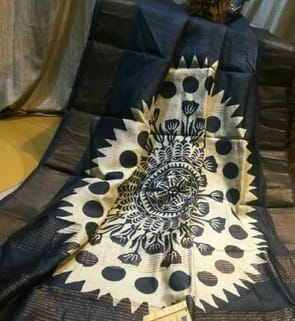 Black Hand Printed Pure Silk Mark Certified Bishnupuri Silk Sarees