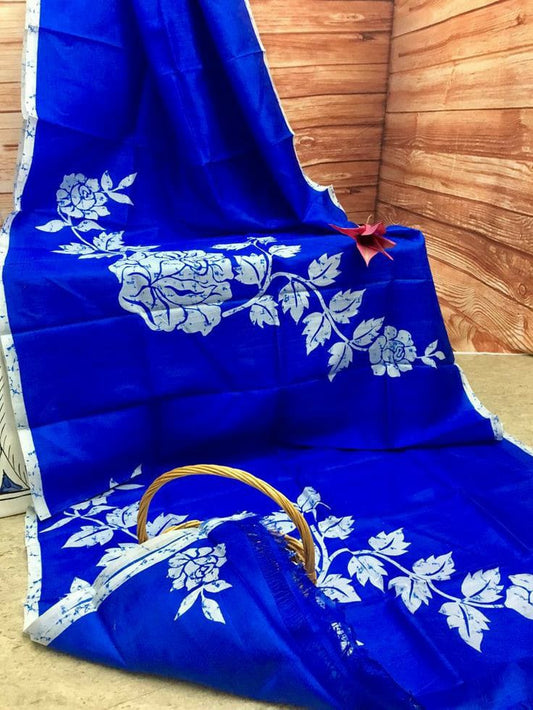 Marine Blue Hand Painted Pure Silk Mark Certified Bishnupuri Silk Sarees