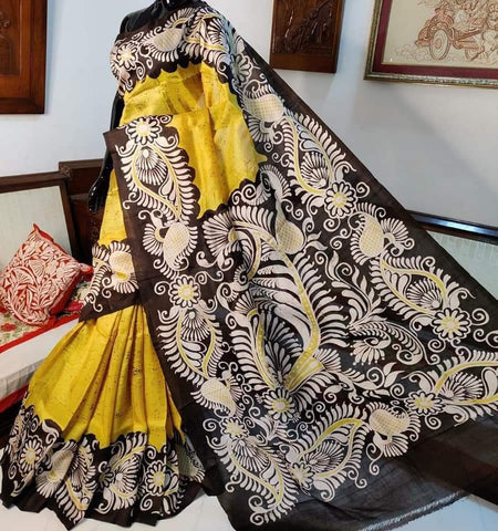 SunFlower Yellow Hand Painted Pure Silk Mark Certified Bishnupuri Silk Sarees