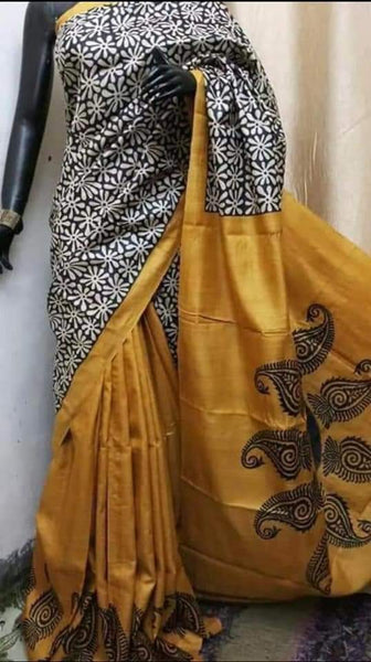 Black and Beige Yellow Block Printed Pure Silk Mark Certified Bishnupuri Silk Sarees