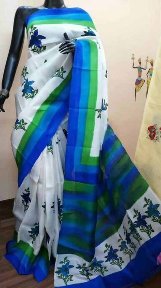 White And Blue Hand Painted Pure Silk Mark Certified Bishnupuri Silk Sarees