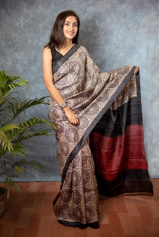 Beige MultiColour  Block Printed Pure Silk Mark Certified Bishnupuri Silk Sarees