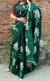 Deep Green And White Hand Painted Pure Silk Mark Certified Bishnupuri Silk Sarees