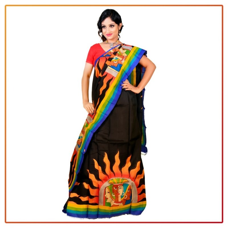 Black And MultiColour Hand Painted Pure Silk Mark Certified Bishnupuri Silk Sarees