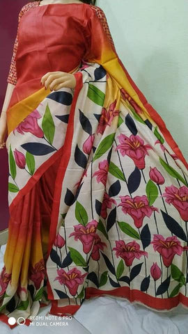 Red And Yellow Hand Painted Pure Silk Mark Certified Bishnupuri Silk Sarees