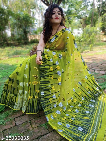 Pear Green Floral Hand Painted Pure Silk Mark Certified Bishnupuri Silk Sarees