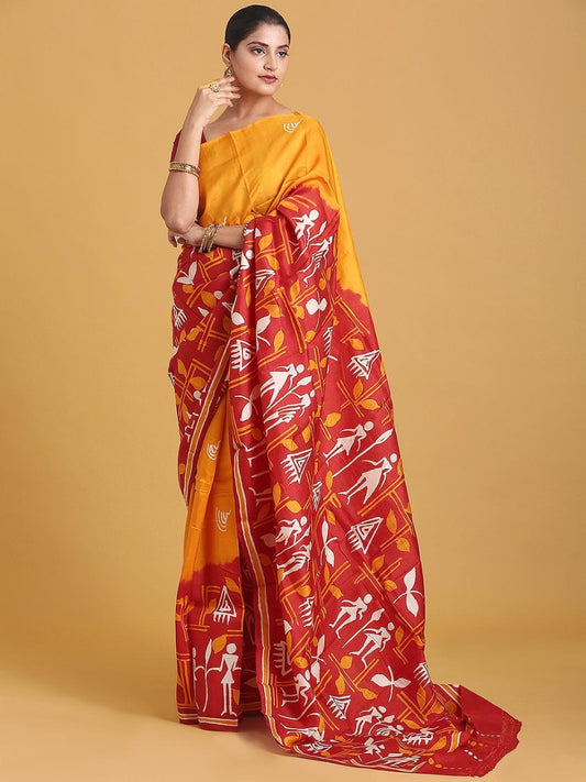 Red And Yellow Tribal Hand Painted Pure Silk Mark Certified Bishnupuri Silk Sarees