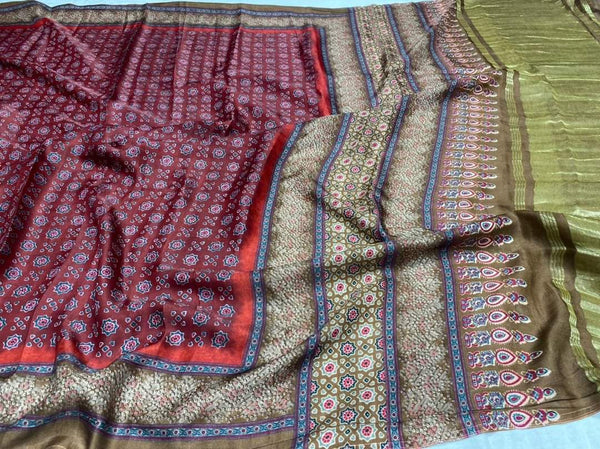Beige MultiColour Ajrakh Pure Gazzi Silk Mark Certified Bishnupuri Silk Sarees