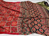 Red And Black Ajrakh Pure Gazzi Silk Mark Certified Bishnupuri Silk Sarees