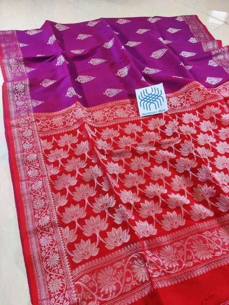 Violet And Red Designer Pallu Organic Pure Linen Sarees