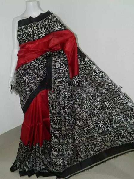 Red And Black Block Printed Pure Silk Mark Certified Bishnupuri Silk Sarees