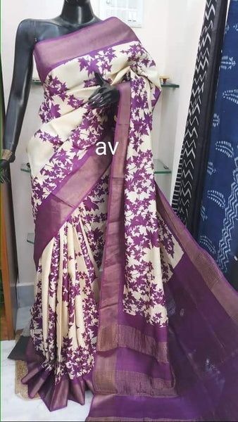 White And Violet Floral Block Printed zari Border Pure Silk Mark Certified Tussar Silk Sarees