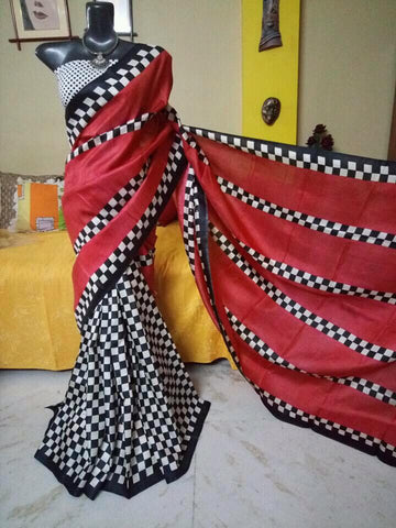 Red And Black Block Printed Pure Silk Mark Certified Bishnupuri Silk Sarees