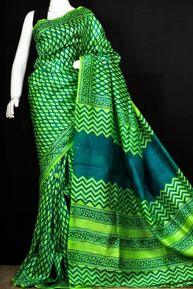 Blue And Green Block Printed Pure Silk Mark Certified Bishnupuri Silk