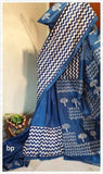 Blue And White Block Printed Pure Silk Mark Certified Bishnupuri Silk Sarees