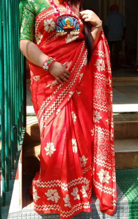 Red And White Block Printed Pure Silk Mark Certified Bishnupuri Silk Sarees