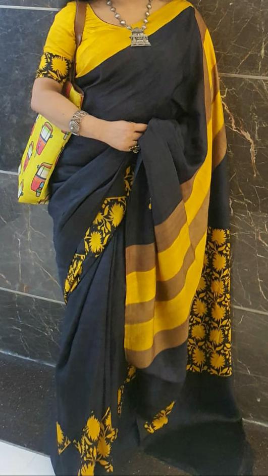 Black And Yellow Block Printed Pure Silk Mark Certified Bishnupuri Silk Sarees