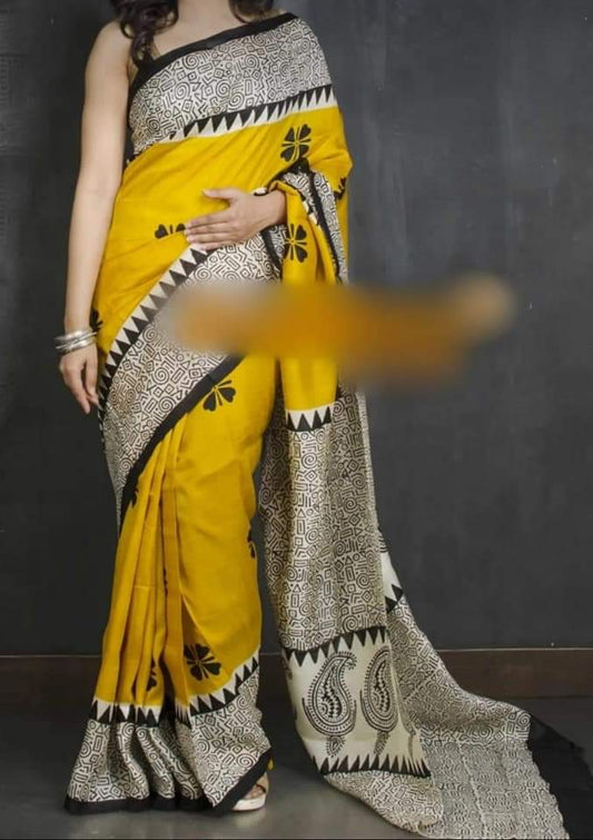 Yellow And Black Block Printed Pure Silk Mark Certified Bishnupuri Silk Sarees