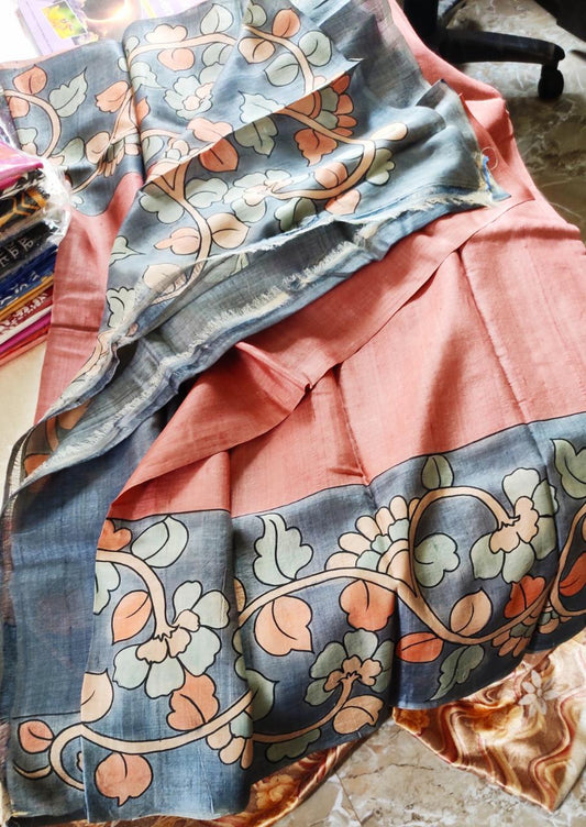 Peach Hand Painted Kalamkari Design Pure Plain Pure Silk Mark Certified Tussar Silk Sarees