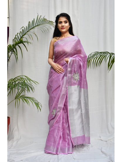 Lilac Violet Hand Work Tissue Pure Linen Sarees