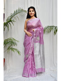 Lilac Violet Hand Work Tissue Pure Linen Sarees
