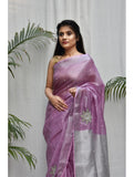 Lilac Violet Hand Work Tissue Pure Linen Sarees