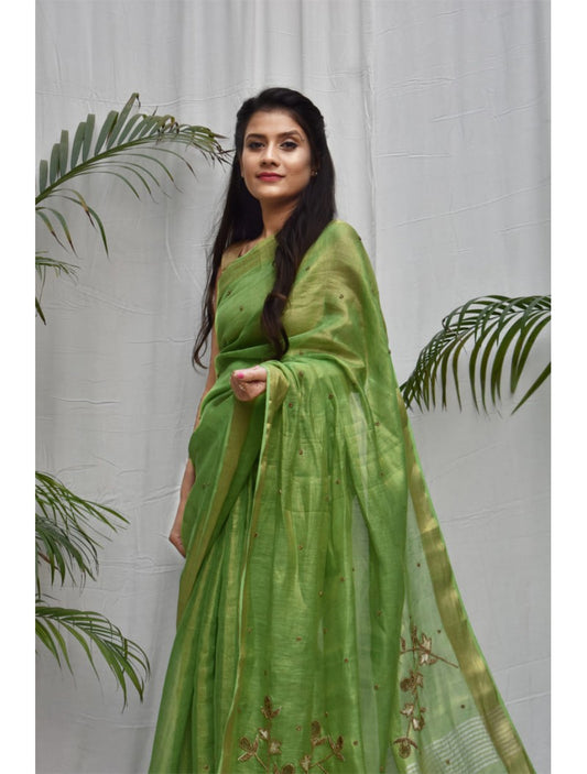 Pickle Green Hand Work Tissue Pure Linen Sarees