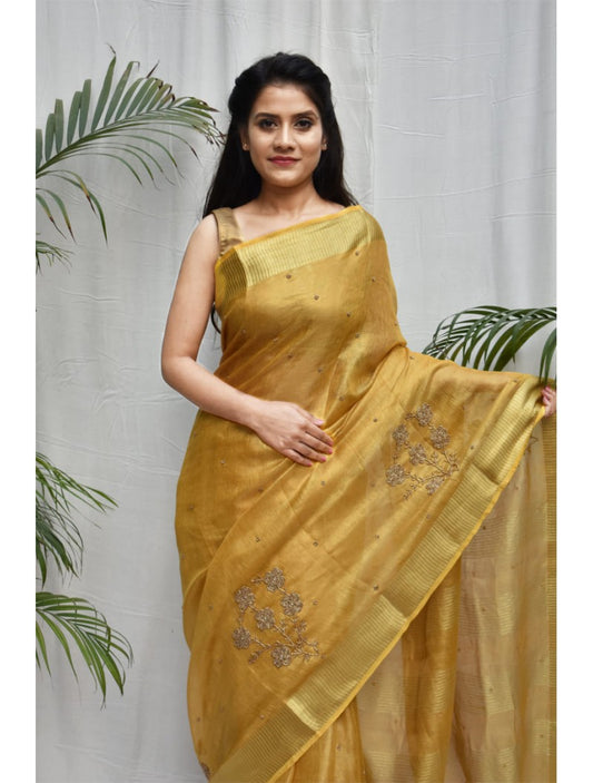 Granola Yellow Hand Work Tissue Pure Linen Sarees