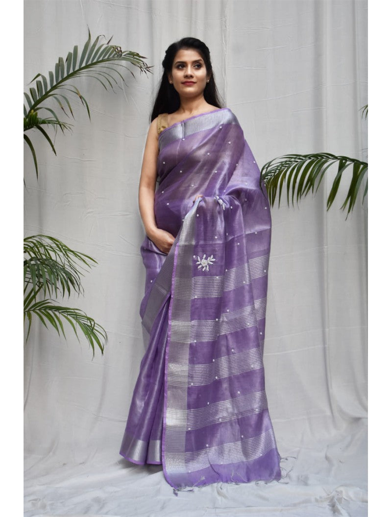 Violet Hand Work Tissue Pure Linen Sarees