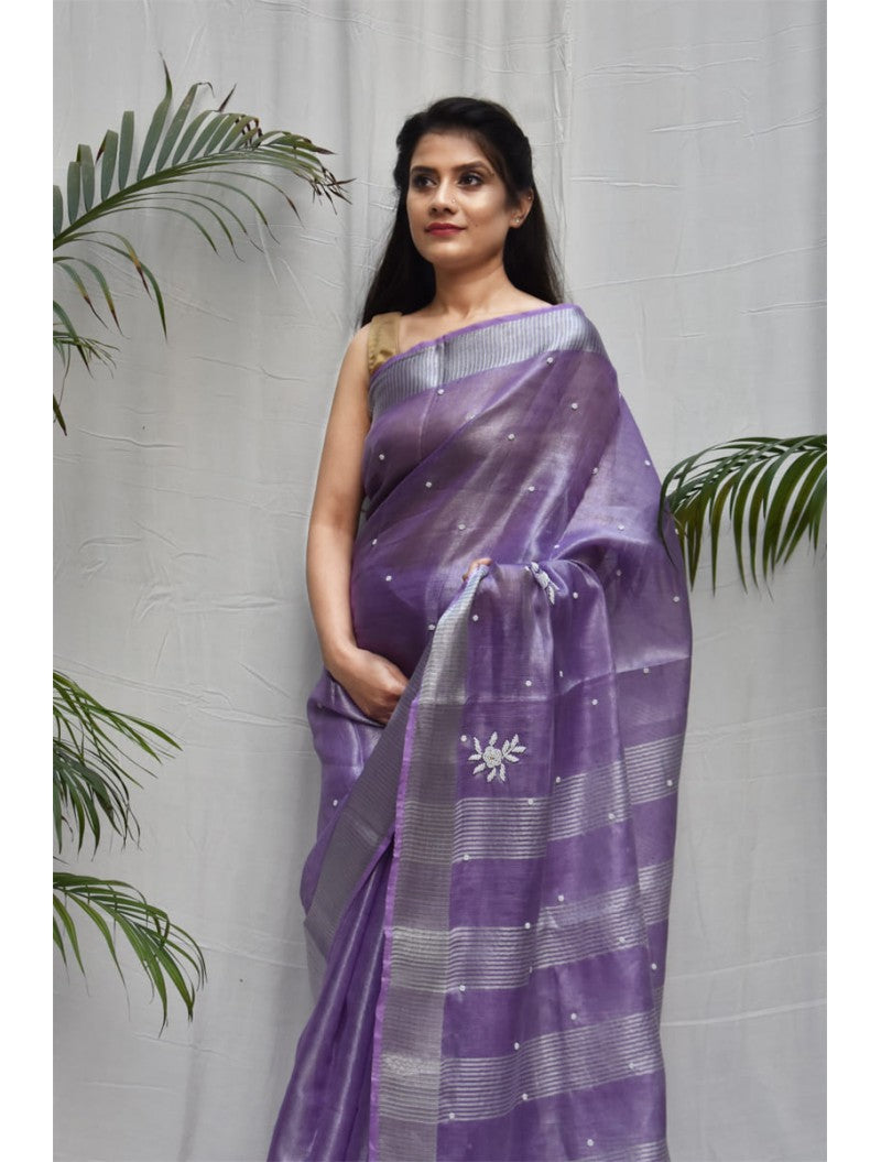 Violet Hand Work Tissue Pure Linen Sarees