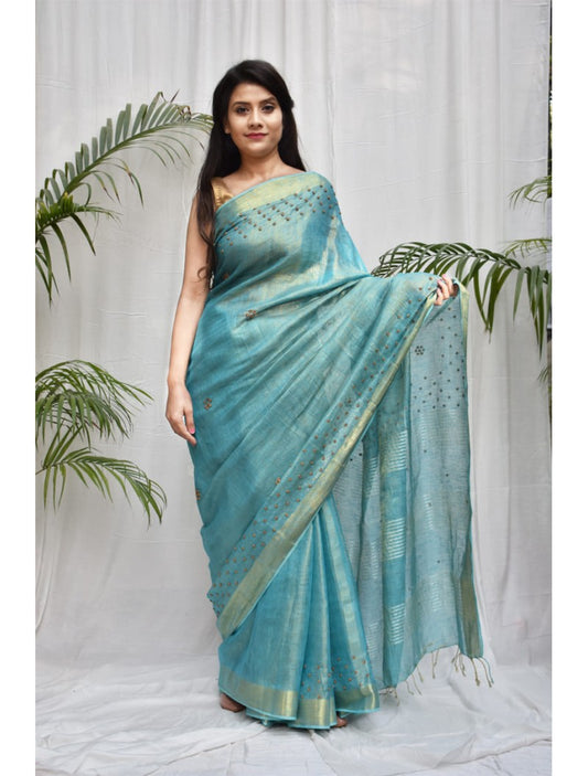 Sapphire Blue Hand Work Tissue Pure Linen Sarees