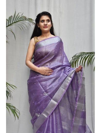 Violet Hand Work Tissue Pure Linen Sarees