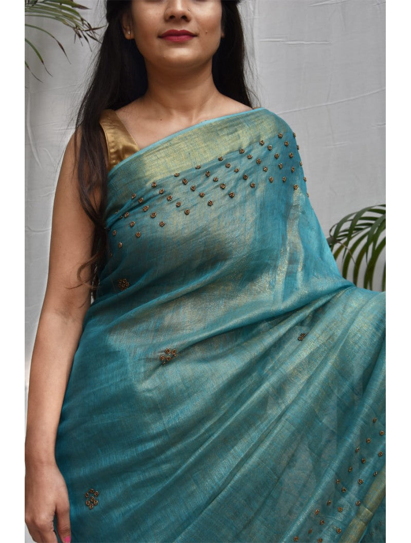 Sapphire Blue Hand Work Tissue Pure Linen Sarees