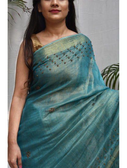 Sapphire Blue Hand Work Tissue Pure Linen Sarees