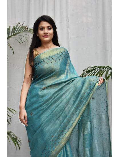 Sapphire Blue Hand Work Tissue Pure Linen Sarees