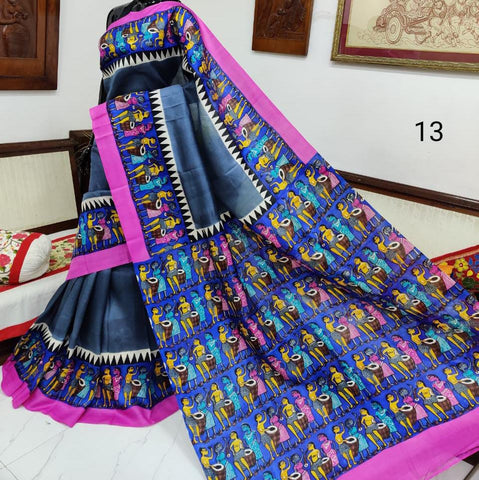 Pink And Blue Hand Painted Pure Silk Mark Certified Bishnupuri Silk Sarees