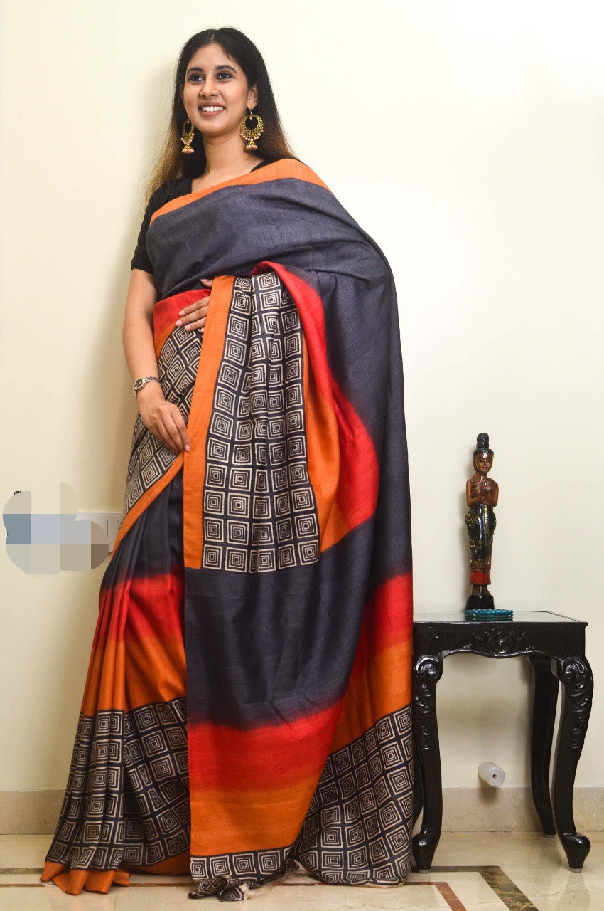 Beige MultiColour Block Printed Pure Silk Mark Certified Bishnupuri Silk Sarees