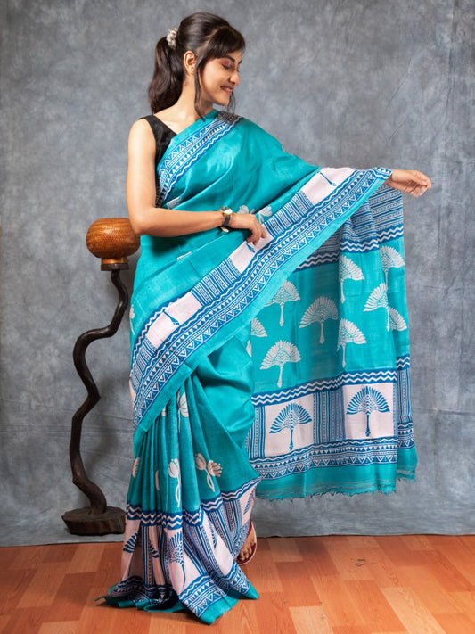 Sky Blue Block Printed Pure Silk Mark Certified Bishnupuri Silk Sarees