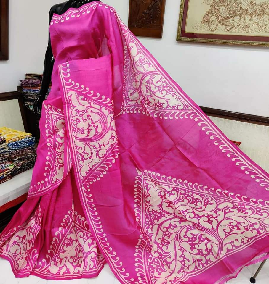 Violet Hand Painted Pure Silk Mark Certified Bishnupuri Silk Sarees