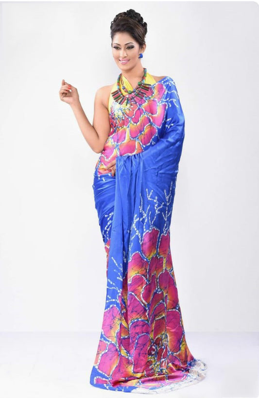 Blue Pink Hand Painted Pure Silk Mark Certified Bishnupuri Silk Sarees