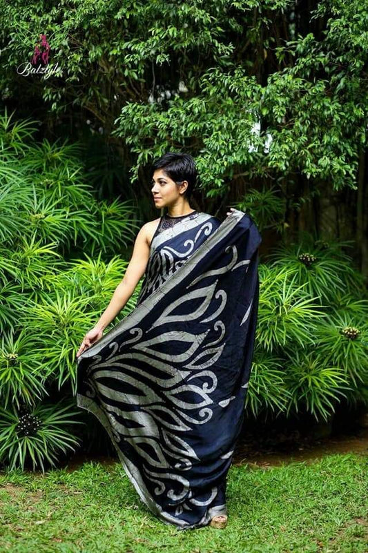 Blue Black Hand Painted Pure Silk Mark Certified Bishnupuri Silk Sarees