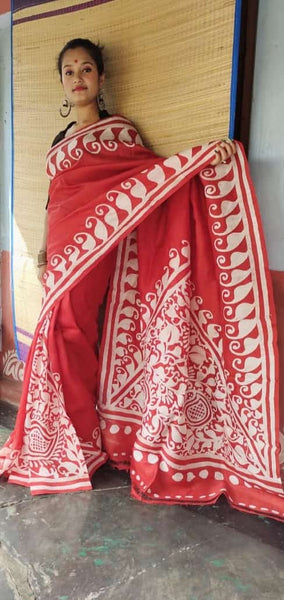 Red Hand Painted Pure Silk Mark Certified Bishnupuri Silk Sarees