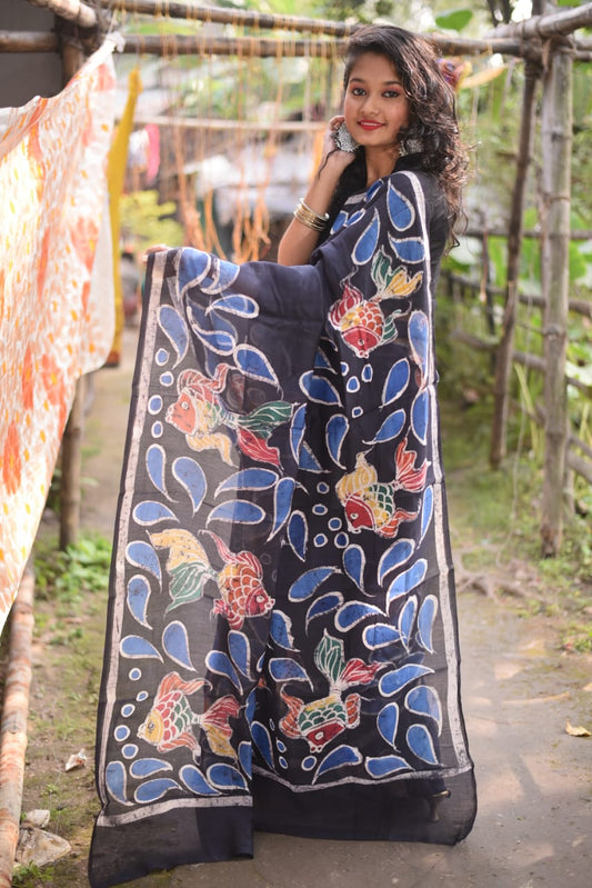 Blue Black Hand Painted Pure Silk Mark Certified Bishnupuri Silk Sarees