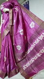 Violet Block Printed Zari Border Pure Silk Mark Certified Tussar Silk Sarees