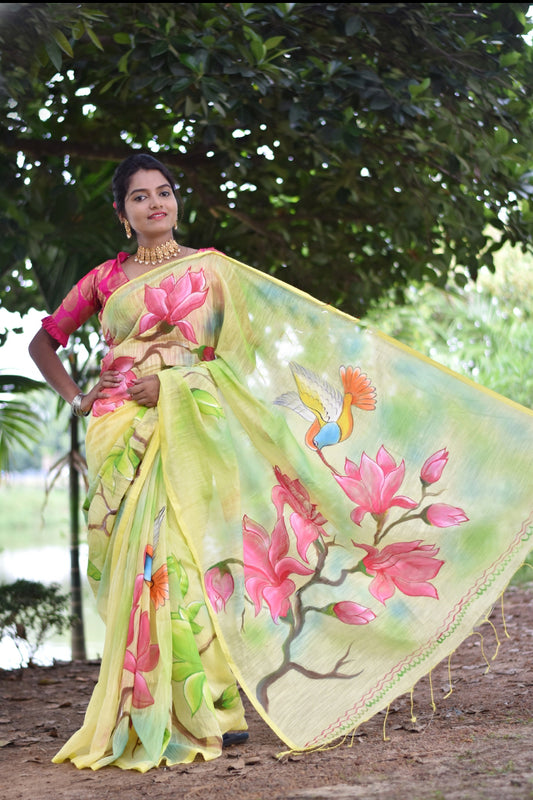 Green Pink Hand Painted Pure Silk Mark Certified Bishnupuri Silk Sarees