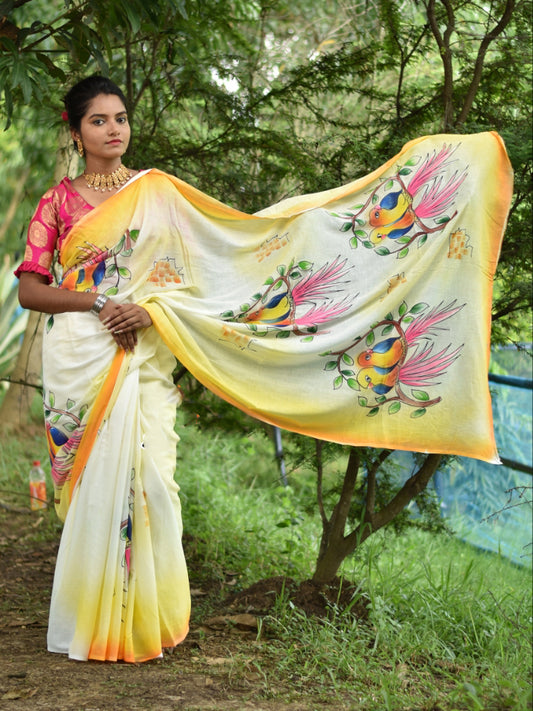 Beige Yellow Hand Painted Pure Silk Mark Certified Bishnupuri Silk Sarees