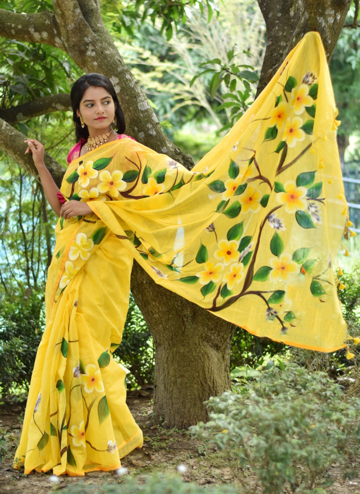 Yellow Hand Painted Pure Silk Mark Certified Bishnupuri Silk Sarees