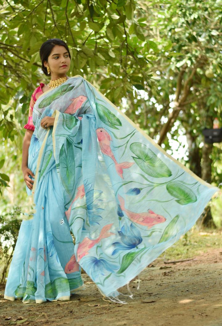 Green Blue Hand Painted Pure Silk Mark Certified Bishnupuri Silk Sarees - Dailybuyys